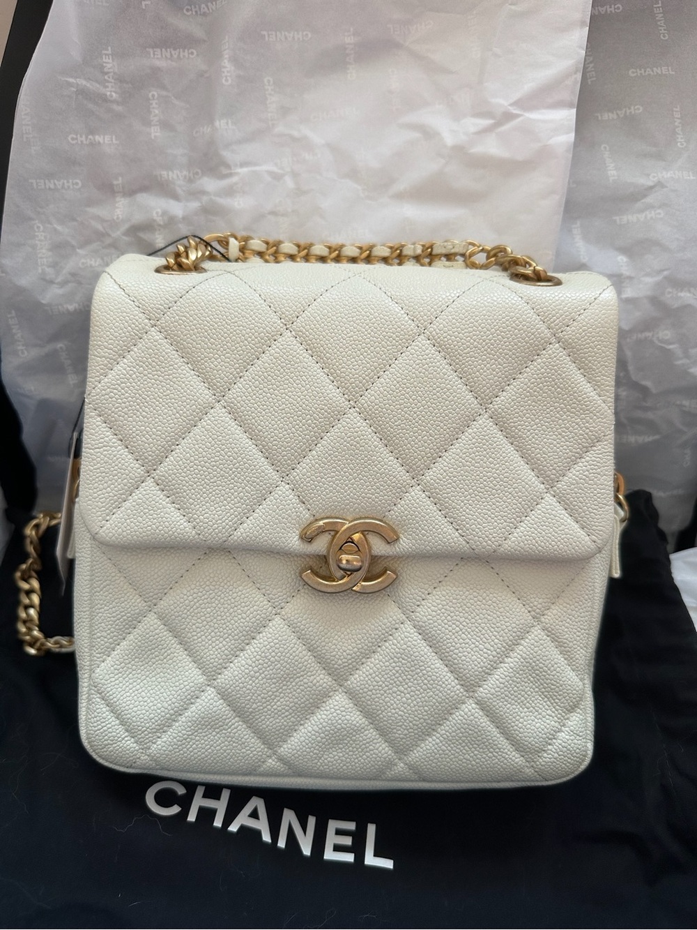 CHANEL White Quilted Caviar Leather backpack Bag with Gold Hardware